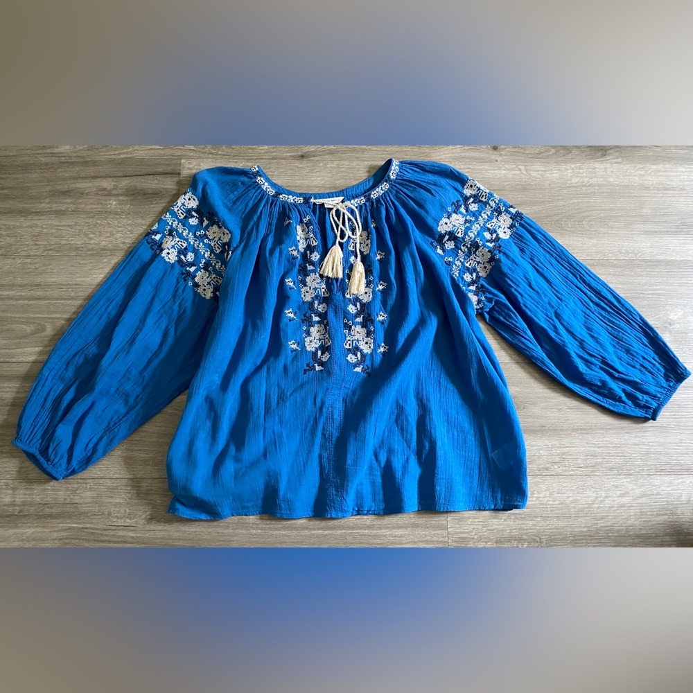 American Eagle Royal Blue Embroidered Hippie Boho Peasant Top with Tassels